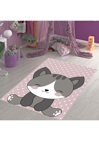 Kedi Desenli Dijital Baskı Yıkanabilir Kaymaz Taban Çocuk Odası Halısı