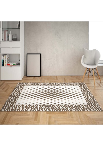 Zebra Desenli Karo Zemin Dijital Baskı Yıkanabilir Kaymaz Taban Modern Salon Halısı ve Yolluk(Vizon)