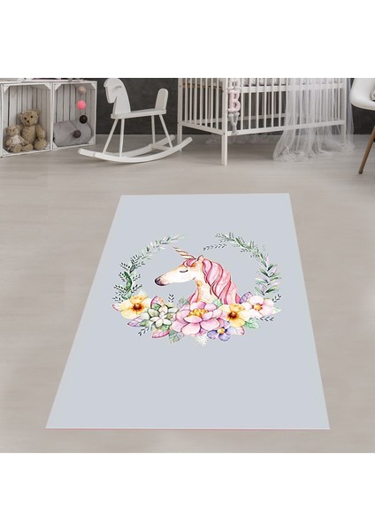 Unicorn Desenli Çiçekli Yapraklı Dijital Baskı Yıkanabilir Kaymaz Taban Çocuk ve Bebek Odası Halısı