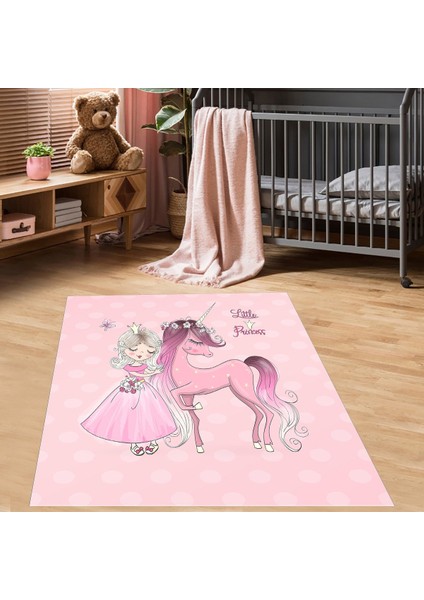 Prenses Unicorn Desenli Renkli Dijital Baskı Yıkanabilir Kaymaz Taban Bebek ve Çocuk Odası Halısı