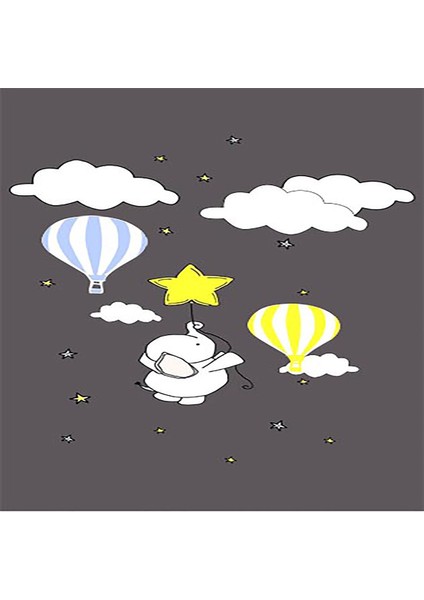 Uçan Balon Fil Yıldız Bulut Desen Dijital Baskı Yıkanabilir Kaymaz Taban Çocuk ve Bebek Odası Halısı