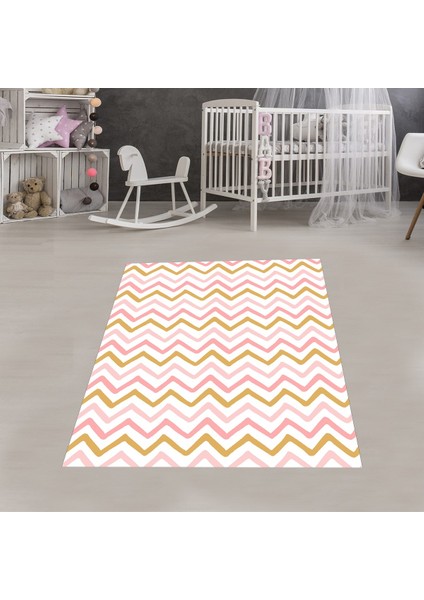 Pembe Zigzag Desenli Renkli Dijital Baskı Yıkanabilir Kaymaz Taban Leke Tutmaz Çocuk Odası Halısı