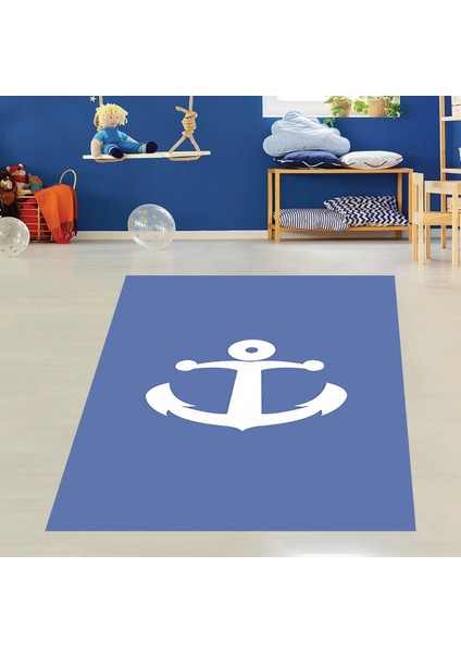 Denizci Çapa Desenli Dijital Baskılı Kaymaz Taban Yıkanabilir Mavi Çocuk ve Bebek Odası Halısı