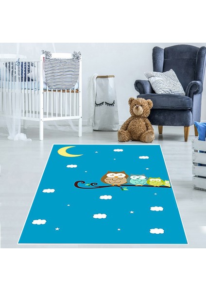 Ağaç Dalında Baykuşlar Ay Bulut Desenli Dijital Baskılı Kaydırmaz Çocuk Odası Halısı