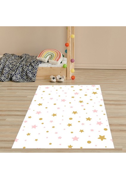 Sarı Pembe Yıldızlı Dijital Baskı Yıkanabilir Kaymaz Taban Leke Tutmaz Çocuk Odası Halısı