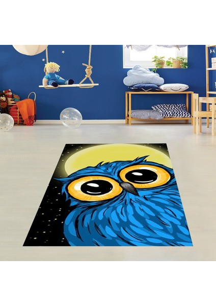 Gece Baykuş Desenli Halı Dijital Baskı Yıkanabilir Kaymaz Taban Leke Tutmaz Çocuk Odası Halısı
