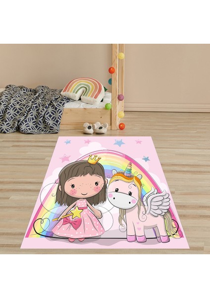 Sevimli Unicorn ve Prenses Desenli Dijital Baskı Yıkanabilir Kaydırmaz Leke Tutmaz Çocuk Odası Halı