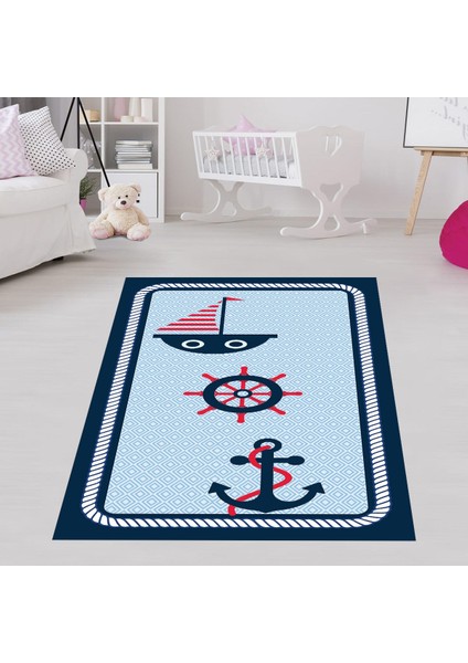 Gemici Desenli Dümen Çapa Dijital Baskı Yıkanabilir Kaymaz Taban Yıkanır Çocuk Odası Denizci Halısı