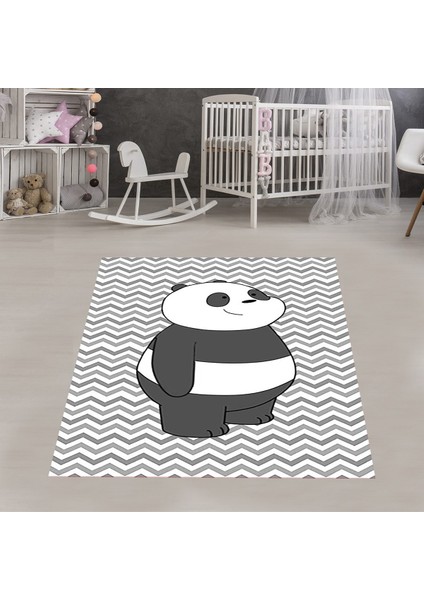 Sevimli Panda Ayı Animal Zigzag Taban Desenli Dijital Baskılı Kaymaz Taban Çocuk Odası Halısı