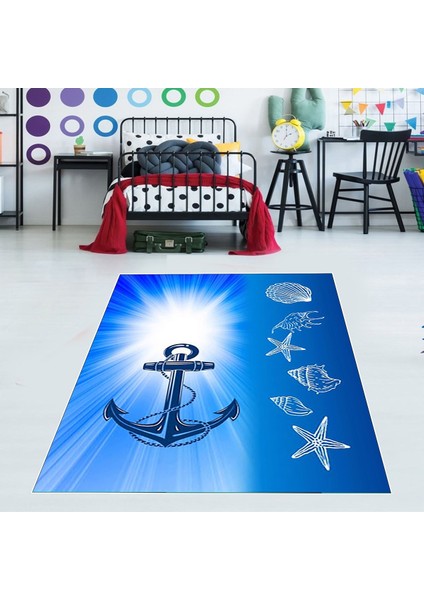 Gemici Desen Çapa Dijital Baskı Yıkanabilir Kaymaz Taban Yıkanır Çocuk Odası Denizci Halısı