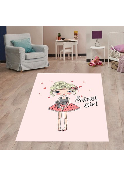 Sweet Girl Kız Desenli Dijital Baskı Yıkanabilir Kaymaz Taban Çocuk Genç Odası Halısı