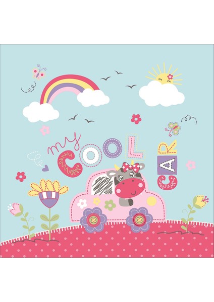 Cool Car Araba Inek Desenli Renkli Dijital Baskı Yıkanabilir Kaymaz Taban Bebek ve Çocuk Odası Halı