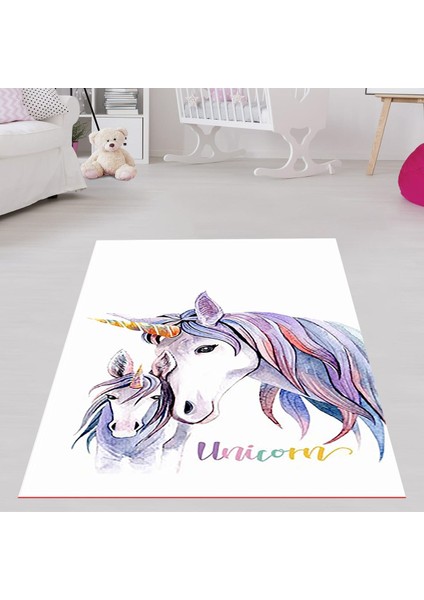 Unicorn At Desenli Halı Dijital Baskı Yıkanabilir Kaymaz Taban Beyaz Çocuk Odası Halısı