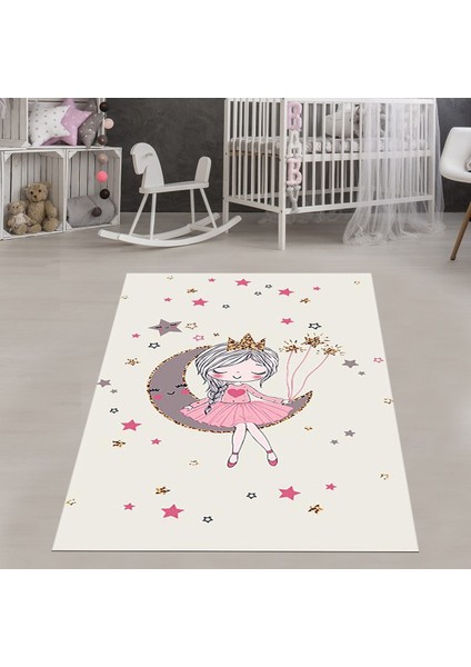 Prenses Ay Yıldız Desenli Dijital Baskılı Kaymaz Taban Leke Yıkanabilir Kız Çocuk Odası Halısı