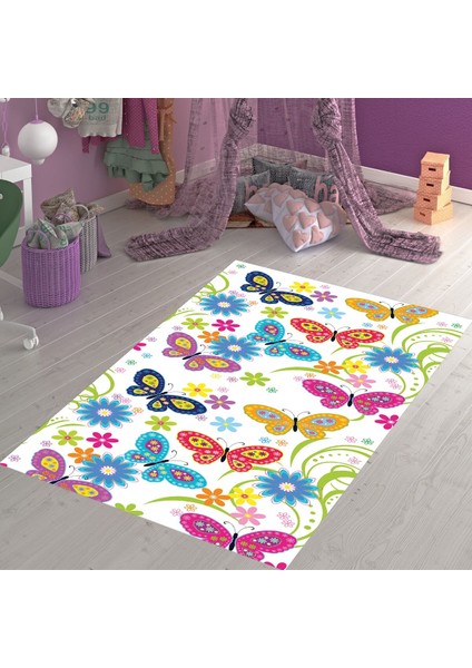 Renkli Kelebek Desenli Kelebek Şeklinde Dijital Baskı Yıkanabilir Kaymaz Taban Çocuk Odası Halısı