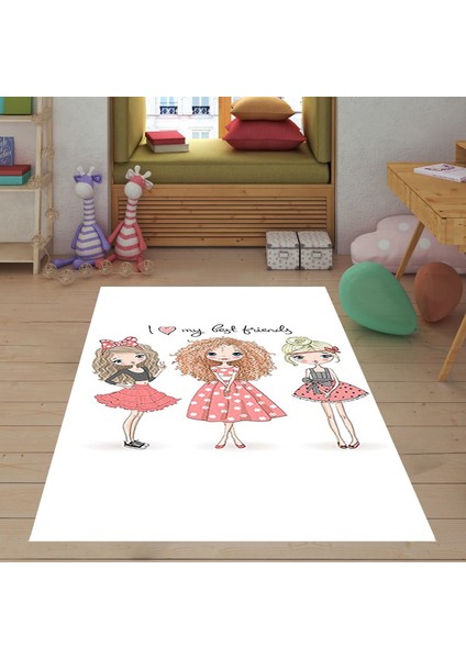 I Love Best Friends Desenli Dijital Baskı Yıkanabilir Kaymaz Taban Bebek ve Çocuk Odası Halısı