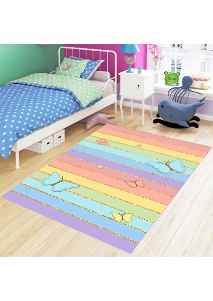 Kelebek Desen Gold Şeritli Renkli Dijital Baskı Yıkanabilir Kaymaz Taban Genç Kız Çocuk Odası Halısı