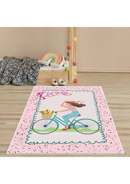 Bisikletli Kız Çiçek Desenli Halı Dijital Baskı Yıkanabilir Kaymaz Taban Pembe Kız Çocuk Odası Halıs