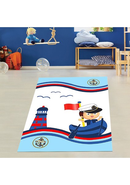 Gemici Desenli Deniz Feneri Çapa Kaptan Dijital Baskı Yıkanabilir Kaymaz Taban Çocuk Odası Halısı