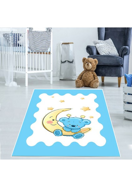 Ay Dede ve Sevimli Ayı Desen Dijital Baskı Yıkanabilir Kaymaz Taban Mavi Çocuk ve Bebek Odası Halısı