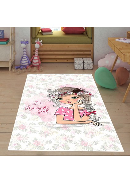 Romantic Girl Çiçekli Desen Dijital Baskılı Kaymaz Taban Yıkanabilir Genç Kız Odası Halısı