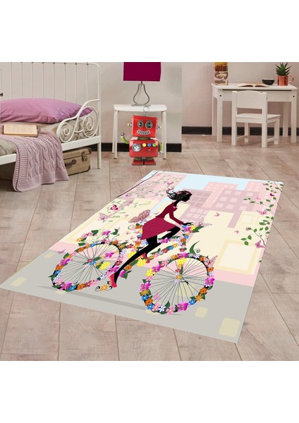 Bisiklet Süren Kız Çiçekli Kelebekli Dijital Baskı Yıkanabilir Kaymaz Taban Çocuk Odası Halısı