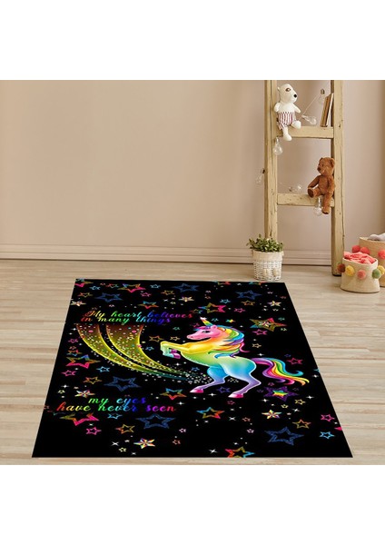 Unicorn Desenli Renkli Yıldızlı Dijital Baskılı Kaymaz Taban Yıkanabilir Çocuk ve Bebek Odası Halısı