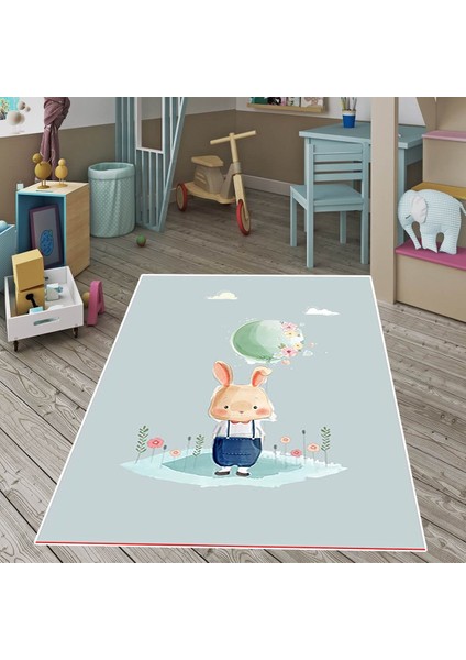 Sevimli Tavşan Dünya Çiçek Desenli Dijital Baskılı Kaymaz Taban Çocuk ve Bebek Odası Halısı