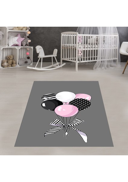Balon Desenli Puantiyeli Dijital Baskı Yıkanabilir Kaymaz Taban Çocuk ve Bebek Odası Halısı