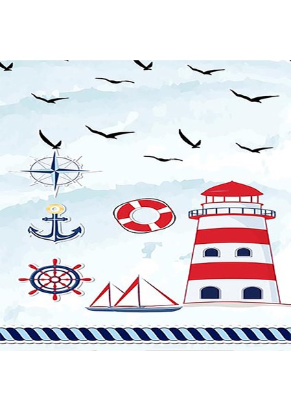 Gemici Desenli Deniz Feneri Çapa Dijital Baskı Yıkanabilir Kaymaz Taban Çocuk Odası Denizci Halısı