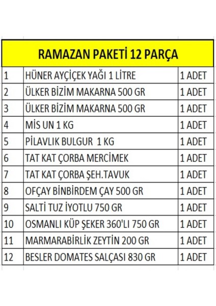 Ramazan Paketi Erzak Yardım Kolisi Paketi 12 Parça