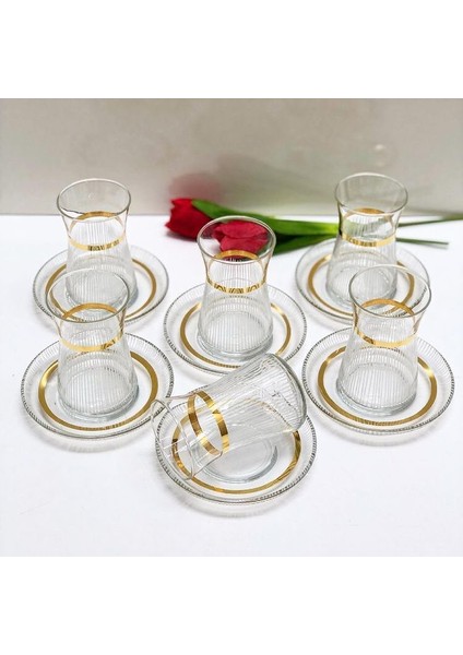 Heybeli El Yapım 6 Kişilik 12 Parça Çay Cam Bardağı Seti, Çeyizlik Set, Hediyelik Set