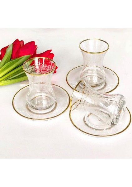 El Dekoru Işlemeli 6 Kişilik 12 Parça Çay Cam Bardağı Seti, Çeyizlik Set, Hediyelik Set
