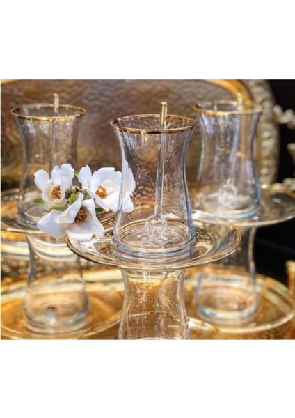 Heybeli El Yapım 6 Kişilik 12 Parça Çay Cam Bardağı Seti, Çeyizlik Set, Hediyelik Set