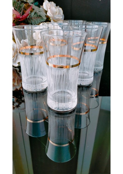 Azur Eyfel El Dekorlu Çizgili Gold Yaldızlı Su ve Meşrubat Bardağı 6 Kişilik