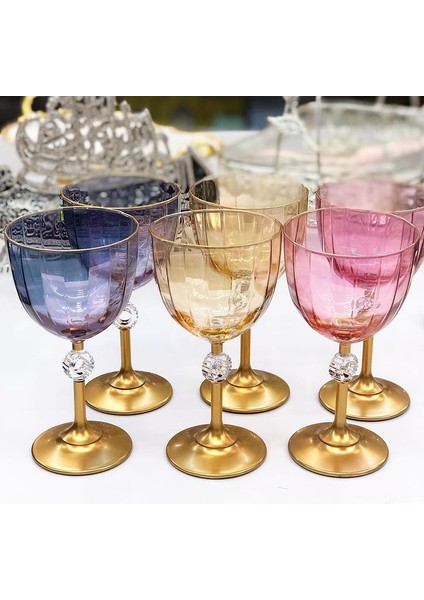 El Dekorlu Gold 6 Kişilik 6’lı Renkli Amore Kadeh Bardak Takımı Çeyizlik Set, Dondurmalık, Çerezlik
