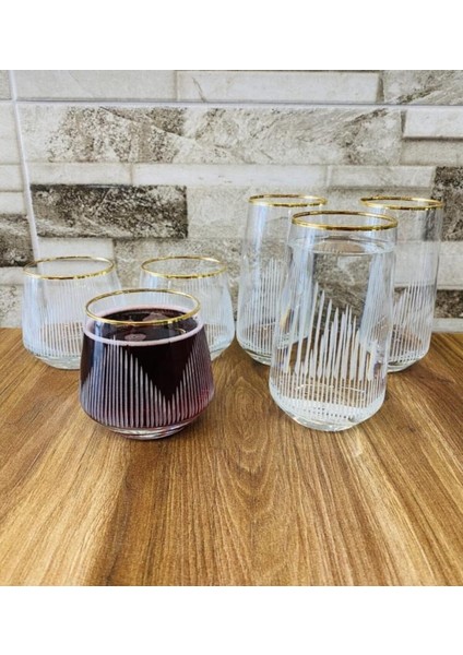 El Dekorlu Altın Gold Yaldız Işlemeli 12 Parça Su Meşrubat Bardağı