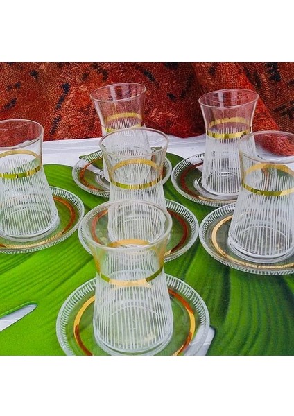 Heybeli El Yapım 6 Kişilik 12 Parça Çay Cam Bardağı Seti, Çeyizlik Set, Hediyelik Set