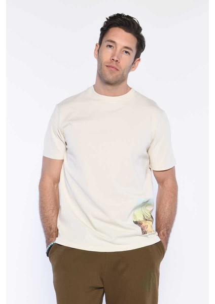Zadıc Ekru Erkek Bisiklet Yaka Tshirt