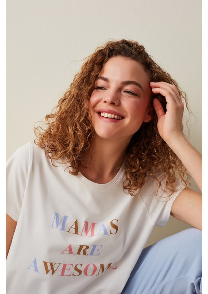 Hamile Awesome Slogan Baskılı Tişört Pijama Üstü