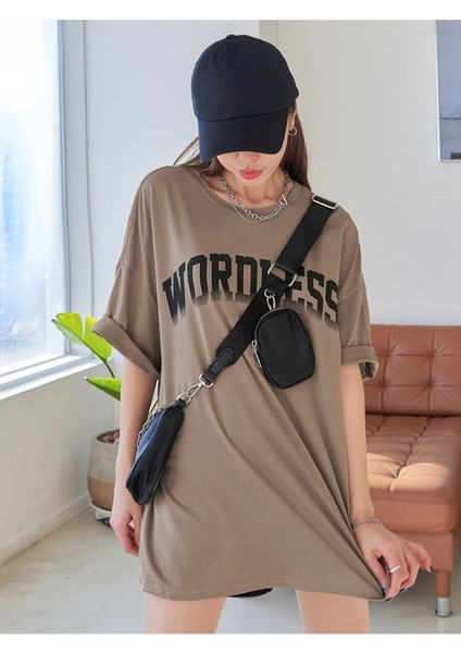 Kadın Oversize Kahverengi Wordless Baskılı T-Shirt