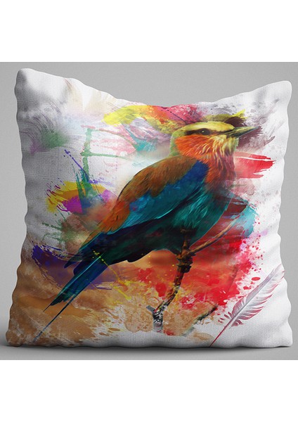 Beyaz Çok Renkli Kuş Figürlü Dijital Baskılı Çift Taraflı Kırlent Kılıfı - Otyk618-Ct