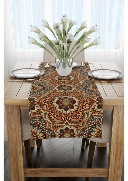 Kahverengi Turuncu Vintage Desenli Dijital Baskılı Runner - Otyk272