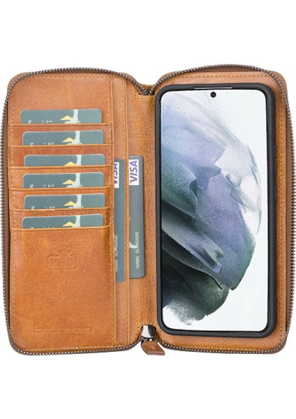 Samsung Galaxy S22 Plus Uyumlu Deri Fermuarlı Cüzdan Kılıf TN11 Taba