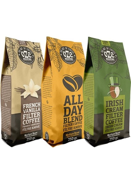 Aromalı Filtre Kahve Tanışma Seti Irish Cream, All Day Blend, Vanilya 3'lü 250G
