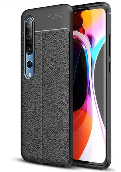 Caseworld Xiaomi Mi Note 10 Kılıf Darbe Korumalı Deri Görünümlü Silikon Arka Kapak - Siyah