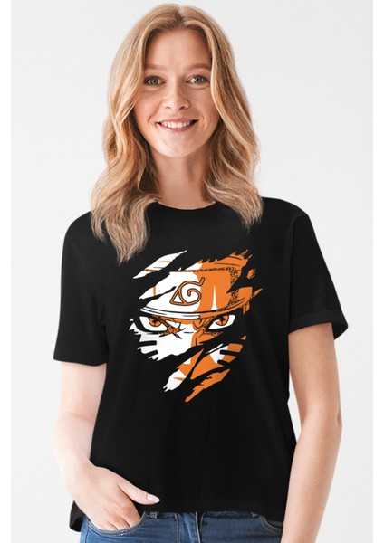 Sert Naruto Siyah Kısa Kollu Kadın T-Shirt