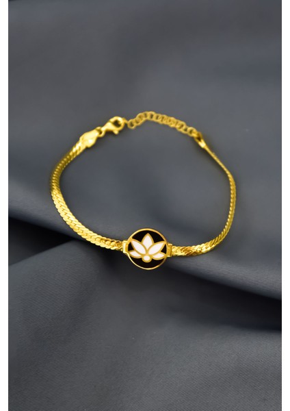 925 Ayar Gümüş Gold Kaplama Mineli Lotus Çiçeği Bileklik