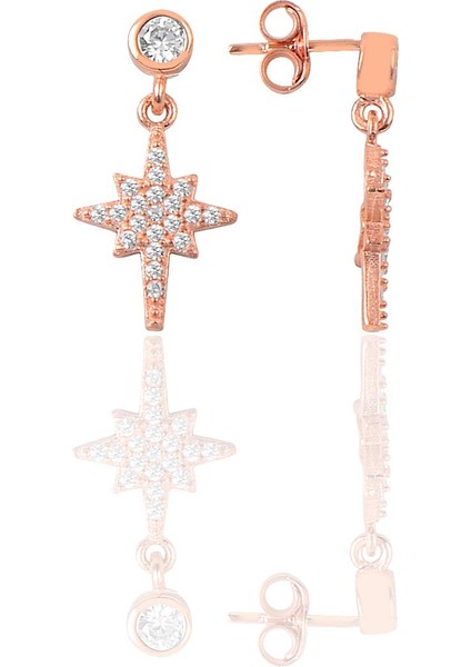 Gümüş Rose Zirkon Taşlı Kutup Yıldızı Küpe