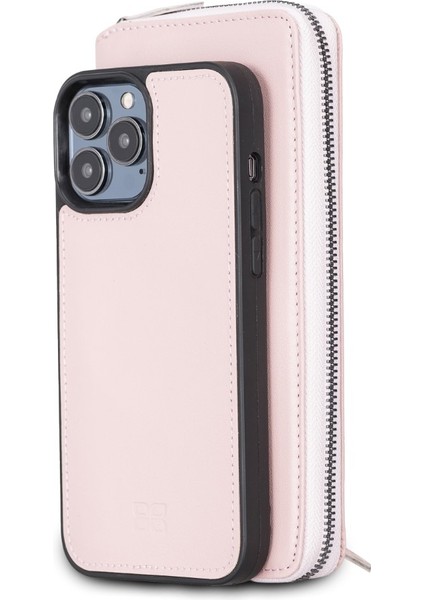 Apple iPhone 13 Pro Max Uyumlu Deri Fermuarlı Cüzdan Kılıf Nu2 Pembe
